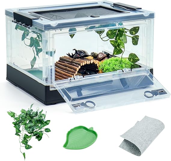 16" Foldable Mesh Reptile Terrarium for Bearded Dragon & Gecko Black | High-temp resistant mesh; foldable design for portability. Clear panels allow 360 views. Fits lizards, geckos & iguanas