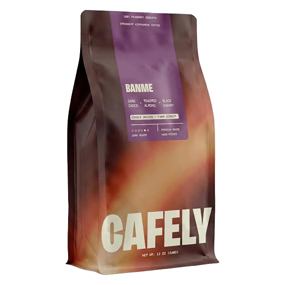 Cafely BanMe - Rare Peaberry Robusta Ground Vietnamese Coffee Dark Roast, High Caffeine (Rich & Intense), Full Body, Low Acid, Single Origin, Direct Trade, For Phin, French Press, Cold Brew, 12 oz