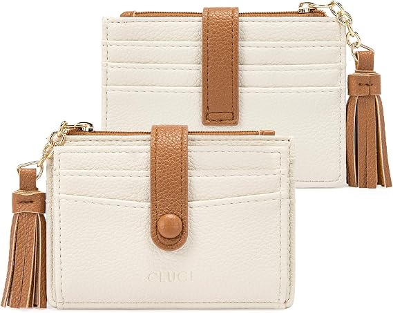 CLUCI Small Womens Wallet Credit Card Holder with ID Window Leather Slim Card Wallets for Women Beige with Brown