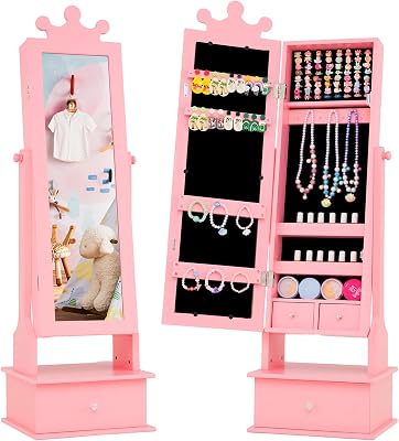 GOFLAME Kids Jewelry Armoire, Childrens Jewelry Cabinet with Full Length Mirror, Storage Drawers, 64 Ring Slots, Freestanding Jewelry Storage Organizer for Girls, BirthdayChristmas Gift, Pink