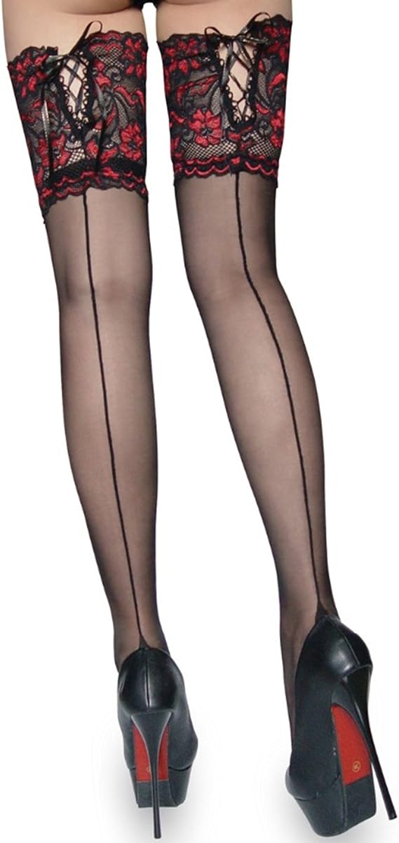 Women Cuban Heel Thigh High Stockings with Back Seam Sexy Lace Top Pantyhose Tall Stay-Up Red/Black
