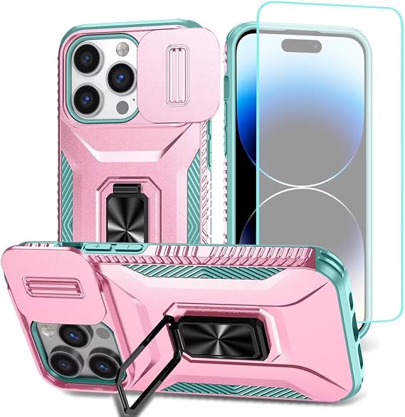iPhone 14 Proケース、Apple 14 Pro 6.1インチケース、強化ガラススクリーンプロテクターとスライドカメラカバー付き、回転リングカーマウントホルダー耐衝撃カバー iPhone 14 Pro PC用 ピンク