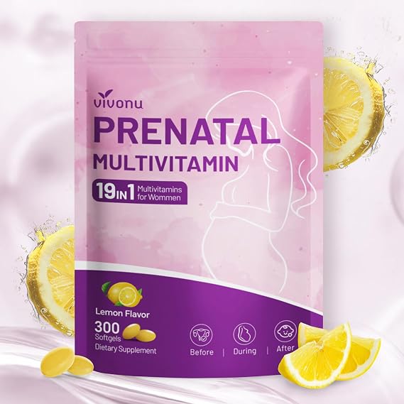 VivoNu 19 in 1 Prenatal Multivitamin, Prenatal Vitamins for Women, Vitamin C D3, K2, B6, B12 with Folic Acid, DHA, Choline, Probiotic, Iron, Calcium, Zinc & Magnesium, Lemon Flavor, 300 Softgels