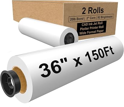 36" x 150ft Wide Format Paper 2" Core, White Plotter Paper CAD Bond 2 Rolls