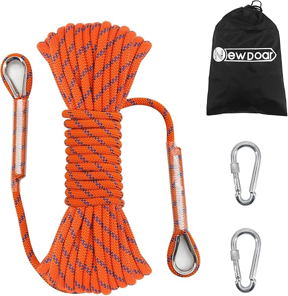 NewDoar 14KN Static Climbing Rope 8mm(5/16in) Accessory Cord Equipment 33FT(10M) 66FT(20M) 98FT(30M) 165FT(50M) Escape Rope with 2 Carabiners for Ice Climbing Equipment Fire Rescue Rope-Orange/10M  