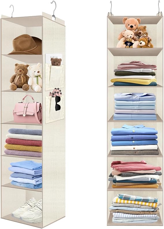 Hanging Wardrobe Organizer with 6 Shelves and Large Mesh Pockets 6 Shelves Foldable Wardrobe Closet Storage Organiser, Fabric Hanging Shelves Organiser for Clothes, Towels, Shoes, Toys