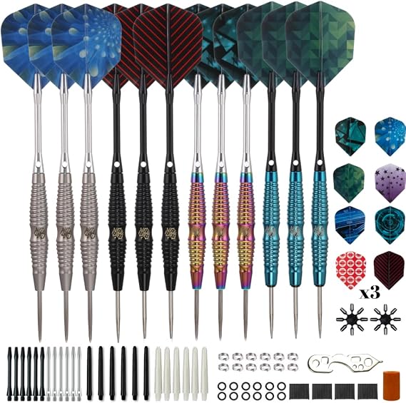 Darts Metal Tip Set - Steel Tip Darts Darts Set Professional Metal Darts 12 pcs 21 Grams Pro Dart Set with Rings Nylon Aluminum Shafts 24 Flights Darts Tool