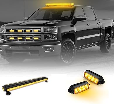 38" LED Emergency Rooftop Strobe Light Bar + 2-Pack Surface Mount Amber Strobe Lights
