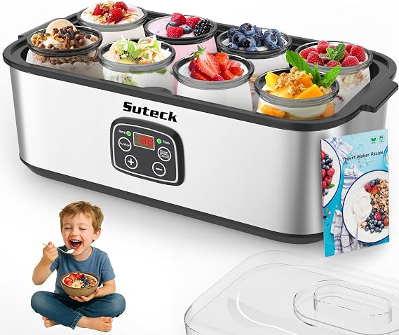 Suteck Yogurt Maker - Stainless Steel Yogurt Makers with Adjustable Time & Temp Control,Automatic Shut-Off & Constant Temper for Homemade Greek, Probiotic Yogurt, BPA-Free 8 Glass Jars (48 oz), Black