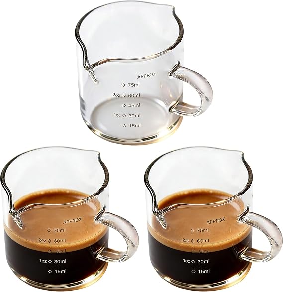 3Pcs Clear Glass Espresso Cups, Espresso Cups Glass with Double V-Shaped Spout, Expresso Coffee Cup with C-Type Handle, Coffee Measuring Cup Suitable for Cappuccino Latte and Café