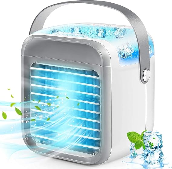 Personal Air Conditioner, Small Desk Fan, Portable Mini USB Cooler, 3 in 1 Evaporative Conditioner with 7 LED Light/Humidifier/Purifier/3 Speeds Desktop for Home, Office, Room