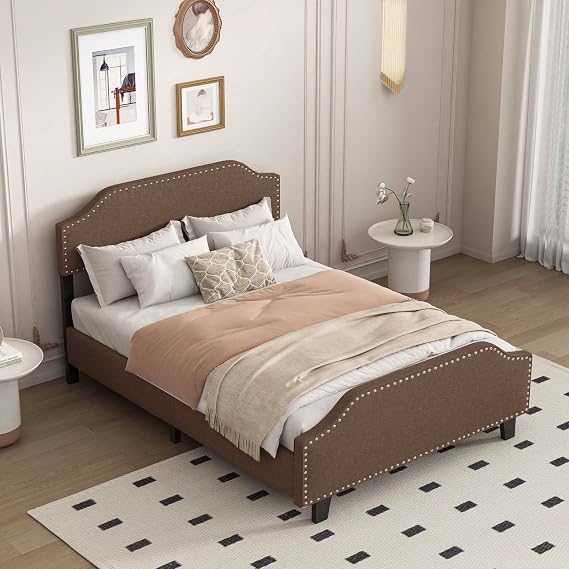 Queen Size Modern Linen Upholstered Platform Bed Frame with Adjustable Headboard, Metal Frame, Sturdy Wooden Slats Support, Non-Slip Noiseless, No Box Spring Needed, Easy Assembly (Brown)