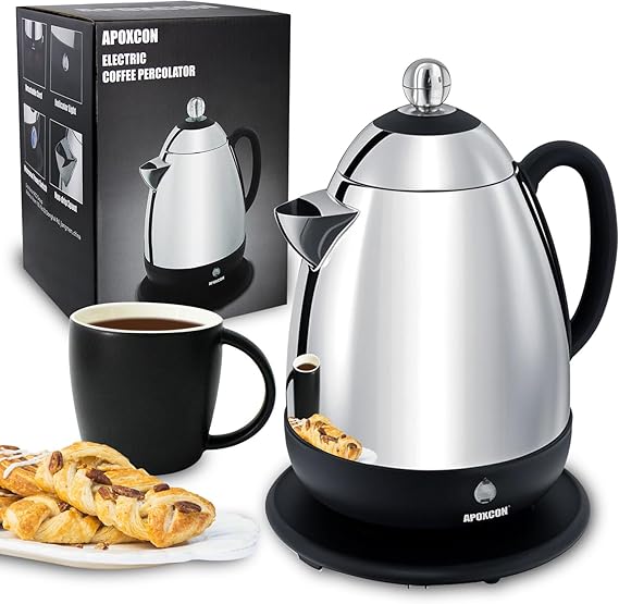 APOXCON Electric Coffee Percolator, Stainless Steel, with Clear Brew Progress Knob, No-Drip Spout, Auto Keep Warm, Cordless Serving, 10 Cup, Silver
