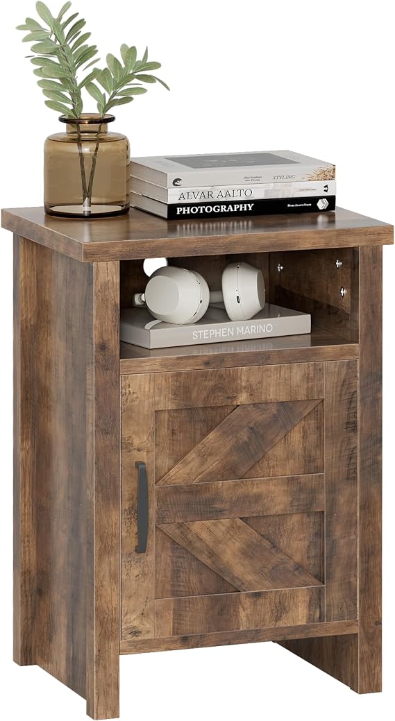 YESHOMY Farmhouse Nightstand with Shelf & Barn Door for Bedroom,Pure Brown