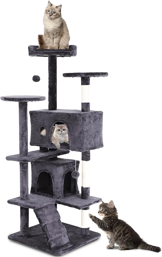 Large 54-Inch Cat Tree with Tower Condo - Cat Tower with Wrapped Sisal Scratching Post, Multiple Platforms, Hanging Baskets & Dangling Toy - Plush Cat Furniture for Indoor Cats - Light Gray