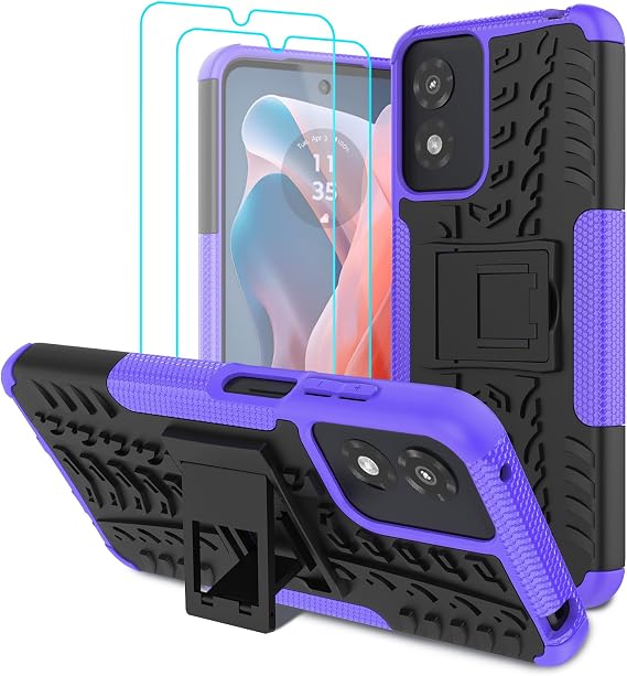 for Moto G Play 2024 Case with 2 Pack Screen Protector, Purple | Military Grade Shockproof, Heavy Duty Robust Bumper Cover with Kickstand for Motorola G Play 2024 Phone