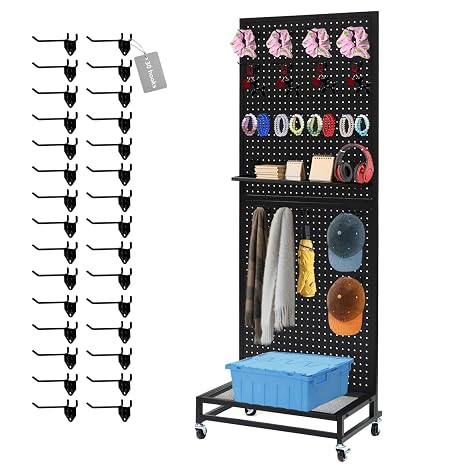 NectaCol Metal Pegboard Display Stand with Baseplate, Two Separately Pegboard Panels, 2'x 5' Standing Pegboard Display with Four Wheels, Peg Board Display Rack, Extra 30 Pieces Hooks (Black)