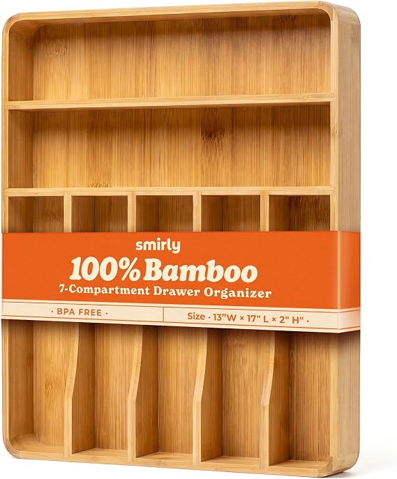 SMIRLY Silverware Drawer Organizer Bamboo Kitchen Drawer Organizer, Adjustable Utensil Holder and Cutlery Tray, Drawer Dividers for Flatware and Kitchen Utensils
