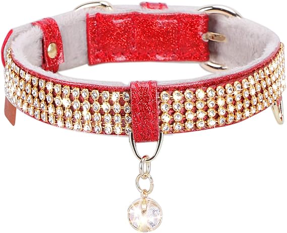 Cat Collar, Dog Collar, [Bling Rhinestones] Premium PU Leather with Pendant Adjustable Collars for Cat and Small Dog Extra Small Red