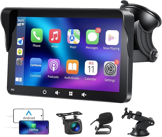 Apple Carplay Screen,Portable Wireless Apple Car Play & Android Auto Car Radio with 7'HD IPS Touchscreen,Car Stereo with Mirror Link/Backup Camera/Microphone/Bluetooth Handsfree/FM/AUX/USB/TF(7V-32V)