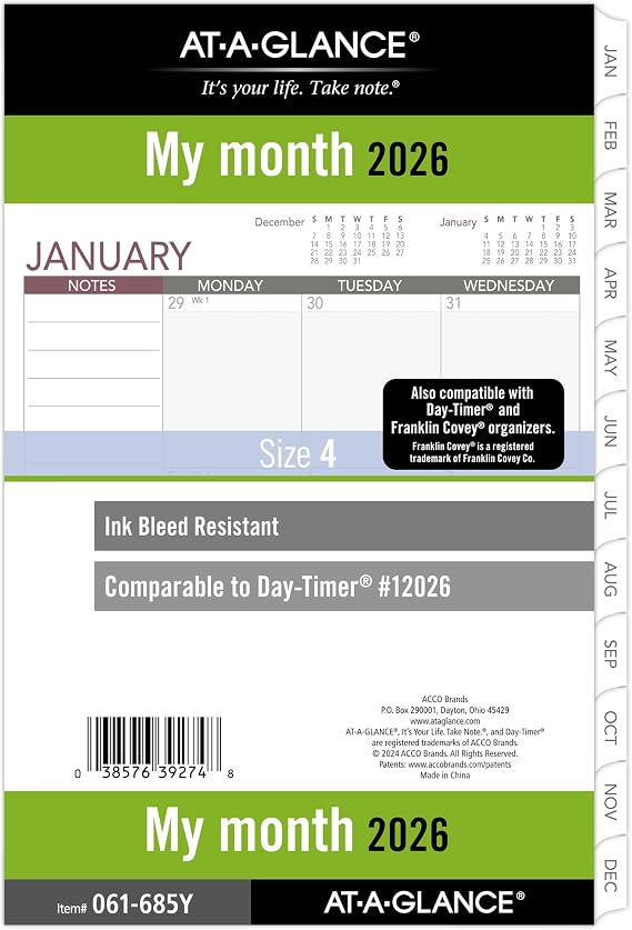 AT-A-GLANCE 2026 Planner Refill, Monthly, 5-1/2" x 8-1/2", Desk Size 4, Loose-Leaf, Unruled Blocks (061-685Y-26)