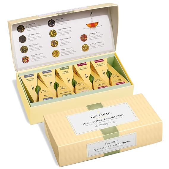 Tea Forte Tea Sampler, 10 Pyramid Infuser Bags, Premium Tea Gift Set | Assorted Tea Petite Presentation Box, 1 of Each Blend, Individually Wrapped, Giftable Presentation Box for Tea Lovers