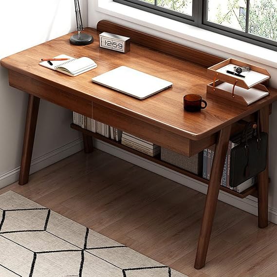 Desk,Home Office Workstation,Computer Desk,Mid-Century Modern, Walnut Desk with 2 Drawers and Storage Compartments