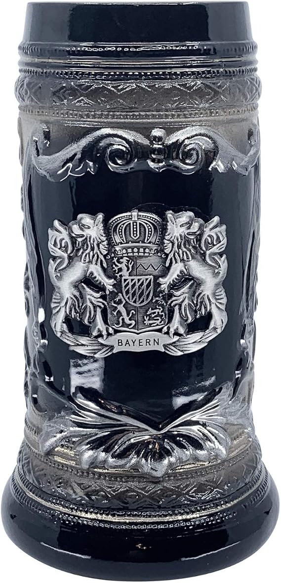 0.6 Liter | OktoberfestHaus Beer Stein Mug German Bayern Lion Coat Of Arms Bier Krug with Metal Emblem On Charcoal Black Ceramic Tankard Stein