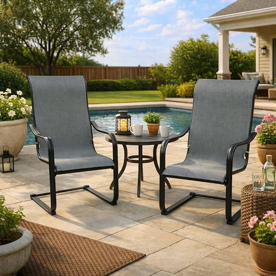 Kozyard C-Spring Patio Chairs Set of 2 High Back Dining Chairs Breathable Textilene Fabric Sturdy Metal Frame for Backyard, Lawn, Deck (Gray)