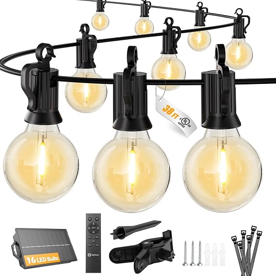 Brightown 38FT 16LED Solar String Lights Outdoor with Remote & USB Port, Shatterproof Bulbs, Dimmable & Timable, 3 Modes, Patio Lights with Mount Clips for Backyard Garden Decor - Last for 36+Hrs