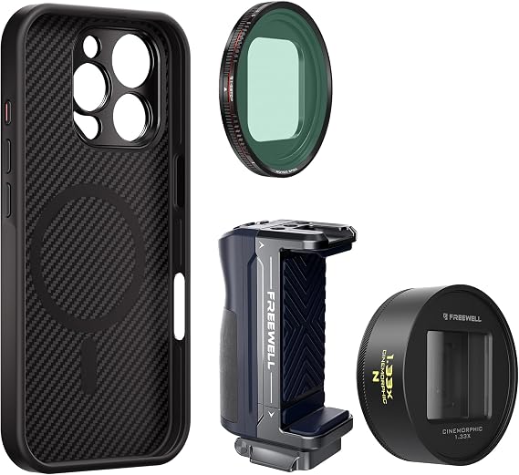 Freewell Pro Filmmaker Bundle for iPhone 16 Pro Max: Case, Neutral Streak 1.33x Anamorphic Lens, Grip, VND 1-5 Filter
