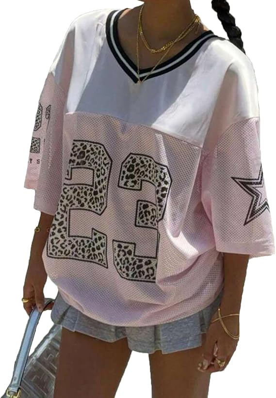 Women's Graphic Football Jersey Shirts Tops Y2k Number Oversized Tees Half Sleeve Sport V Neck Tshirt Streetwear