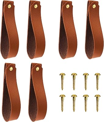 Vin Beauty 6 Pc Wall Hooks - Leather Wall Hanging Straps with Curtain Rod Holder for Towel, Bathroom, Kitchen, Bedroom Brown