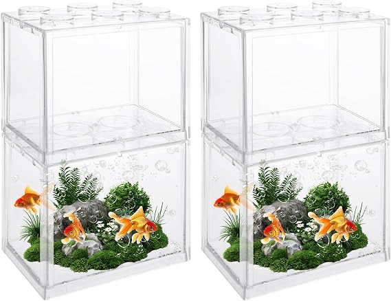 QTLCOHD 4 Pack Small Betta Fish Tank, 0.6 Gallon Mini Aquarium Tank | Clear Stackable Fish Bowl, Acrylic Tiny Cube Tank for Beta Fish Sea Monkeys Shrimp Snails