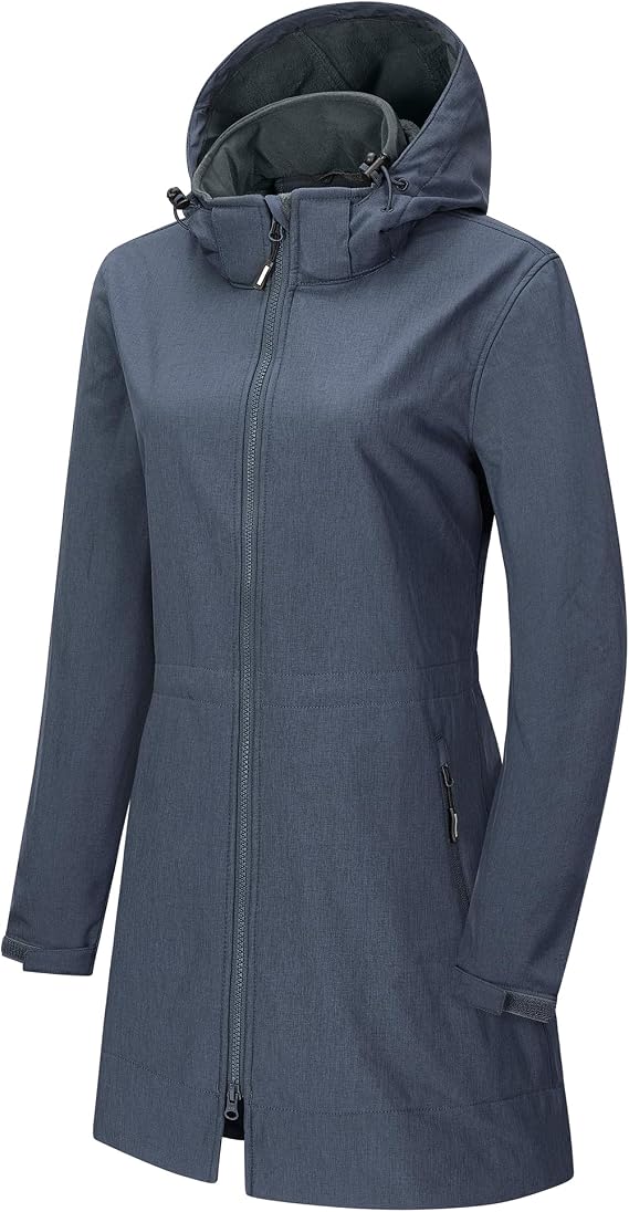 Outdoor Ventures Women's Softshell Jacket with Removable Hood Fleece Lined Windbreaker Insulated Long Warm Rain Jacket