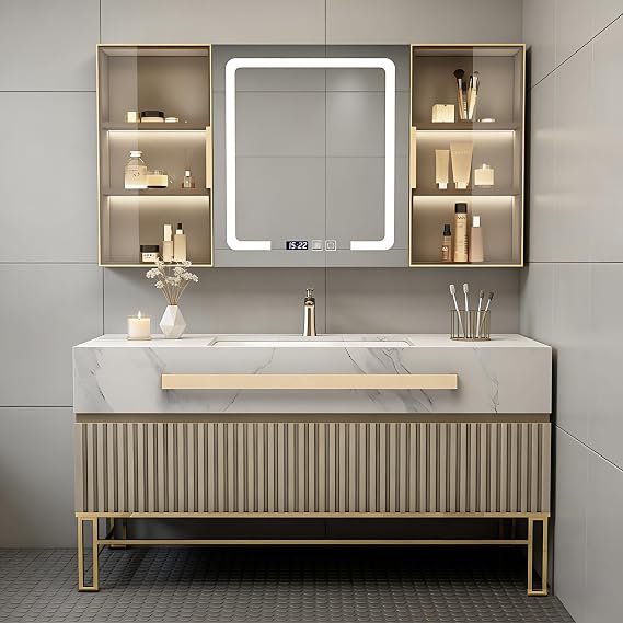 Bathroom Vanity - Bathroom Vanity with Sink, Bathroom Vanities Set Includes Smart Led Fog Removal Lights & Mirror Side Cabinet (60in)