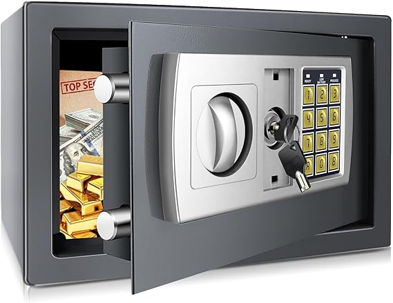 Electronic Digital Safe Box Fireproof Waterproof Steel Cash High Security Code Lock Key Safe 8.5L Gray