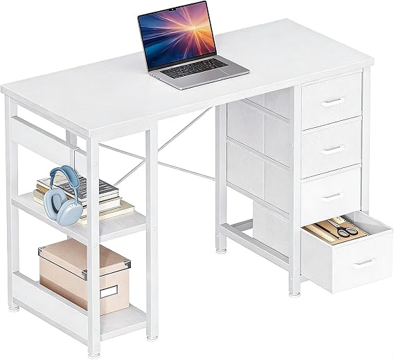 Casaottima 40 Inch Small Computer Desk with 4 Fabric Drawers, Modern PC Desk for Small Spaces, Home Office Desk with Storage Shelves, Pure White