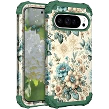 Hocase for Google Pixel 10 Pro XL Case, Shockproof Heavy Duty Protection Hard Plastic+Silicone Rubber Bumper Hybrid Protective Case for Google Pixel 10 Pro XL 6.8" 2025 - Teal Blue Flowers