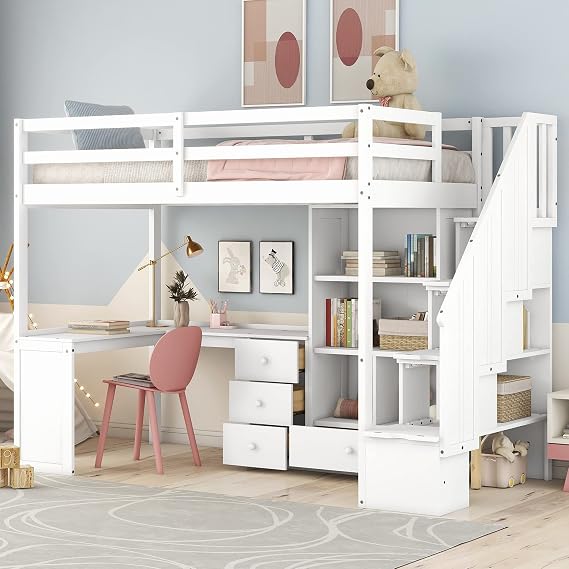 Twin Size Loft Bed with Stairs and L-Shaped Desk,Solid Wood Bed Frame with Storage and Guardrails for Kids Teens,Loft Bed with Desk Underneath for Bedroom,Space Saving,White