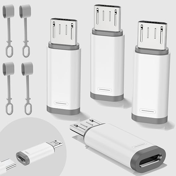 4-piece USB C to Micro adapter, supporting 18W fast charging and data transfer. The Micro to USB C adapter is suitable for Micro interface devices and does not support headphone and OTG functions