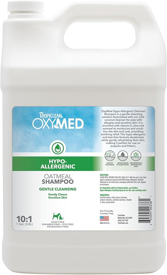 TropiClean OxyMed Hypoallergenic Dog Shampoo for Allergies and Itching, Skin Soothing Shampoo for Pets with Sensitive Skin, Tearless, Cat Safe, 1