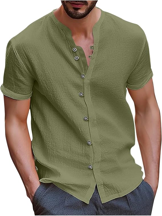 Mens Shirts Casual Button Down Cotton Linen Summer Shirt Regular-Fit Short Sleeve Vintage Fashion Top Pullover