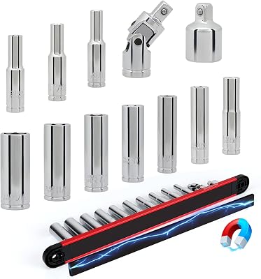 12-Piece 14 Drive SAE Long Socket Set 316 - 916 with 1 Piece Magnetic Organizer Rail Rack, Premium 6-Point Deep Socket Assortment with 38 to 14 Adapter and 14 Universal Joint Red