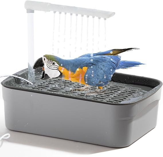 Parrot Automatic Bathing Box with USB- Adjustable Faucet for African Grey, Amazon Conure, Parakeet - Perfect Summer Bathing Solution (Gray)
