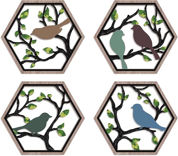 CHDITB 4Pcs Wooden Birds on Tree Branches Wall Art 11x10 Inch