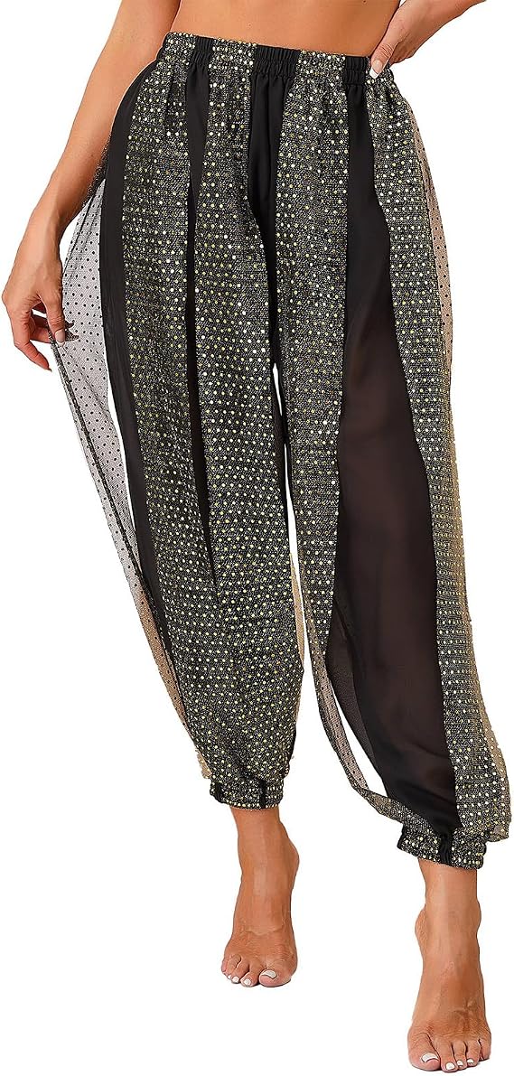 Women Belly Dance Costume Harem Pants Sequines Dots Yoga Pants Indian Arabic Bloomer Trousers