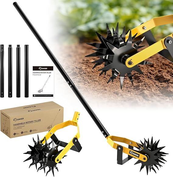 SAKER Rotary Cultivator Hand Tiller Tool 2-in-1 Manual Garden Tiller & Weeder with Adjustable 72.4in Long Handle, 3-Blade Steel Rotary, Heavy Duty Soil Cultivator for Raised Beds, Yard & Garden