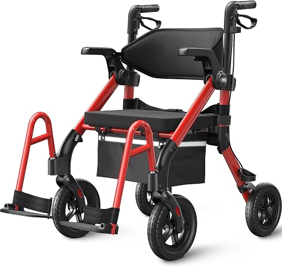 VOCIC Z55 2 in 1 Walker Wheelchair Combo 10" All Terrain Big Wheels | Foldable Transport Combo for Seniors, No-Bend Footrests, Dual Brakes with Large Storage Bag, Red