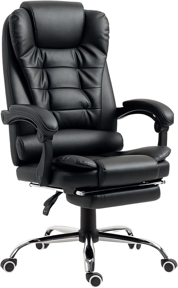 HOMCOM High Back Ergonomic Executive Office Chair, PU Leather Computer Chair with Retractable Footrest, Lumbar Support, Padded Headrest and Armrest, Black